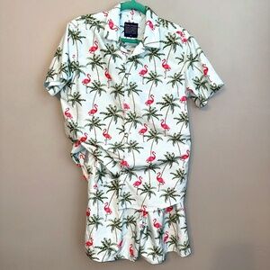 EUC Broken Threads Cabana Matching Swim Set Flamingo Palms Trunks Shirt Medium